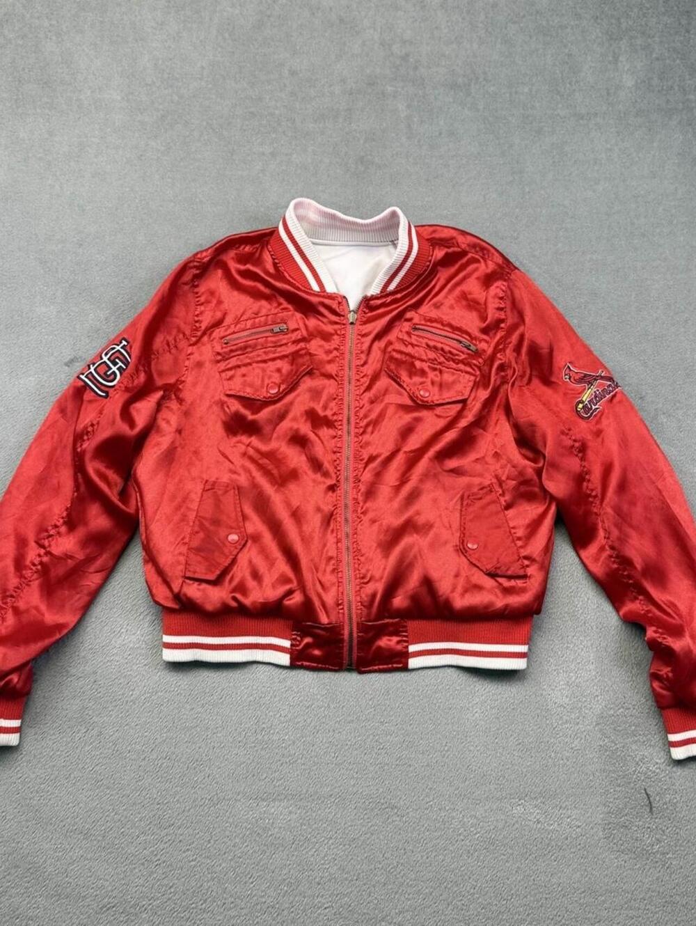 LST St. Louis Cardinals Satin Cropped Zip-Up Varsity Jacket